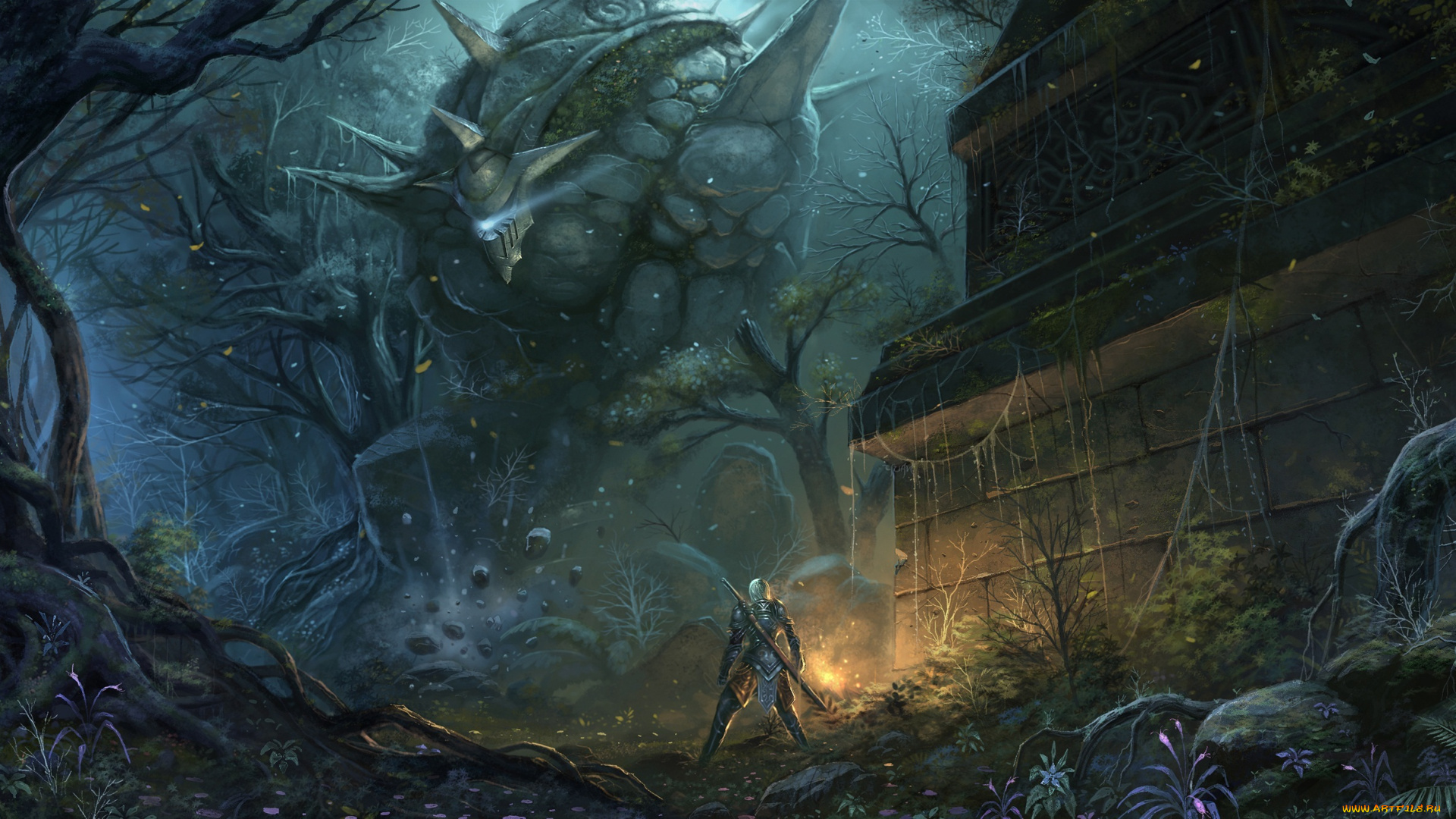 фэнтези, существа, монстр, меч, лес, монумент, рыцарь