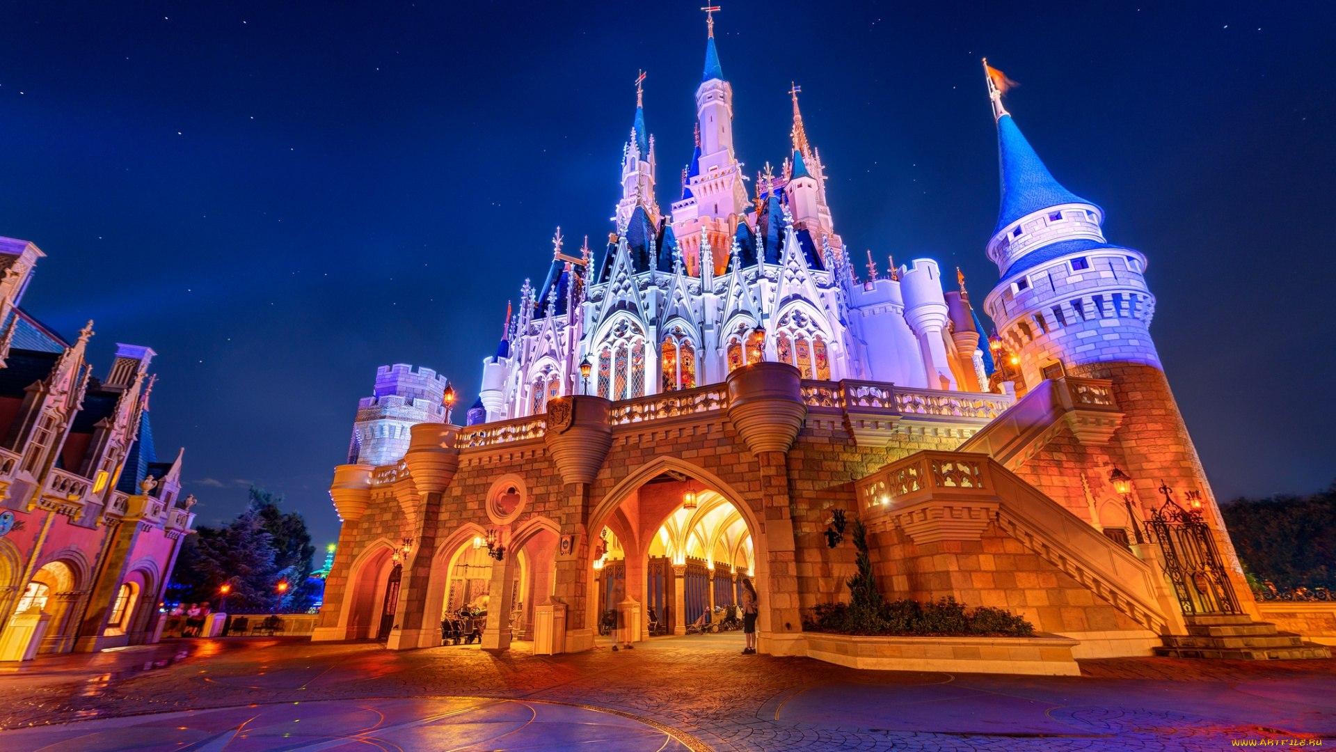 города, диснейленд, замок, золушки, ночь