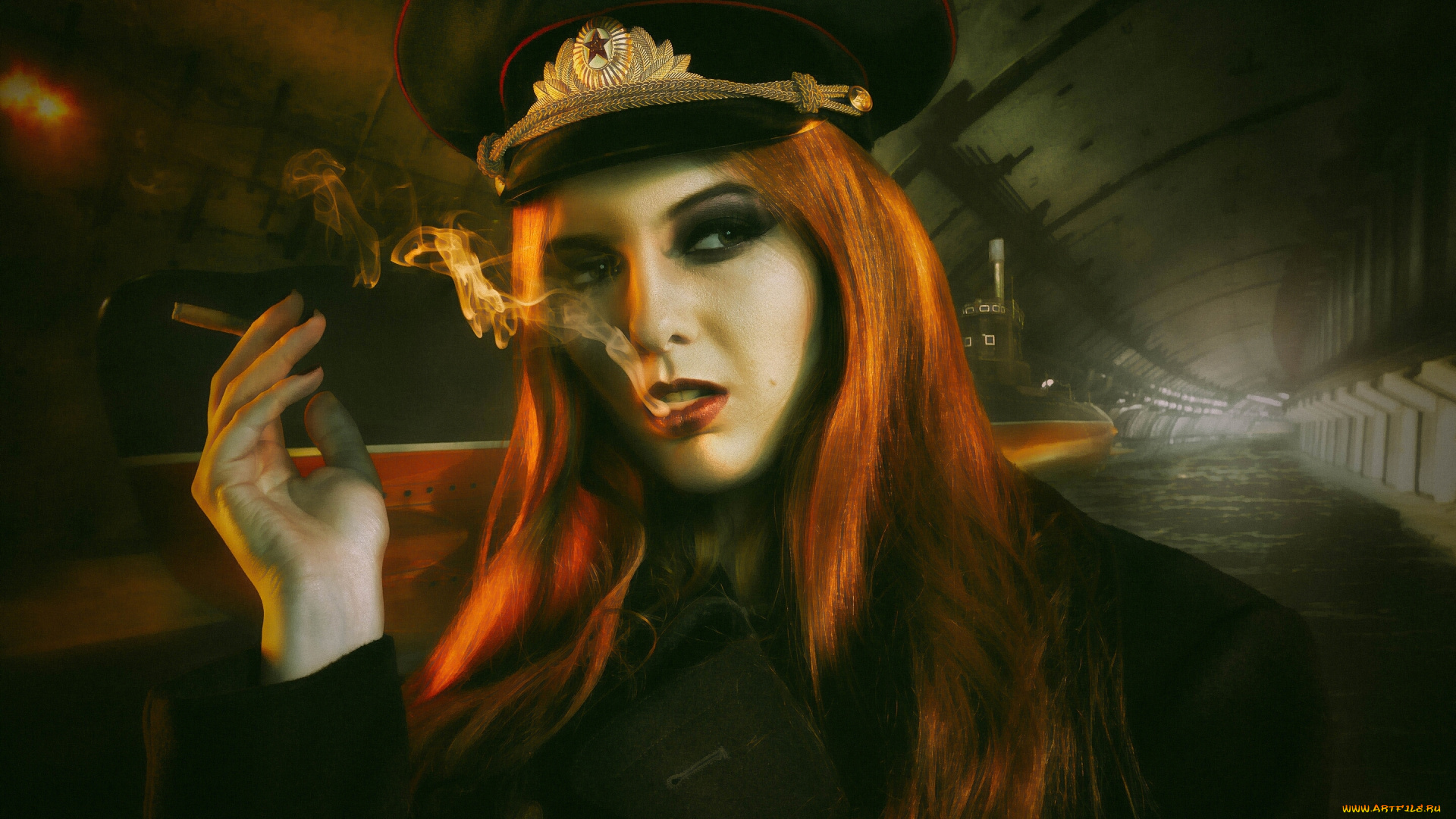 shantia, veney, девушки, дым, shantia, veney, фуражка, туннель, подводная, лодка, рыжеволосая, сигарета