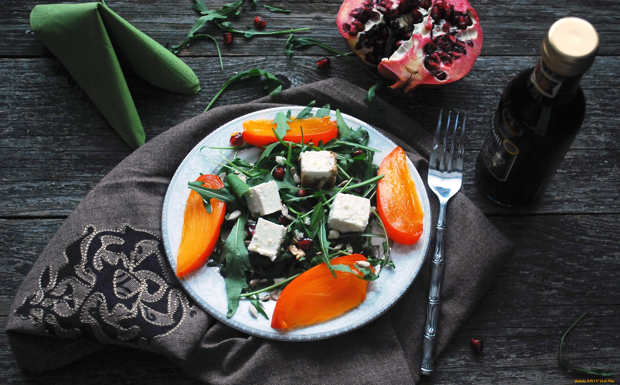 еда, салаты, , закуски, соус, руккола, гранат, козий, сыр, хурма