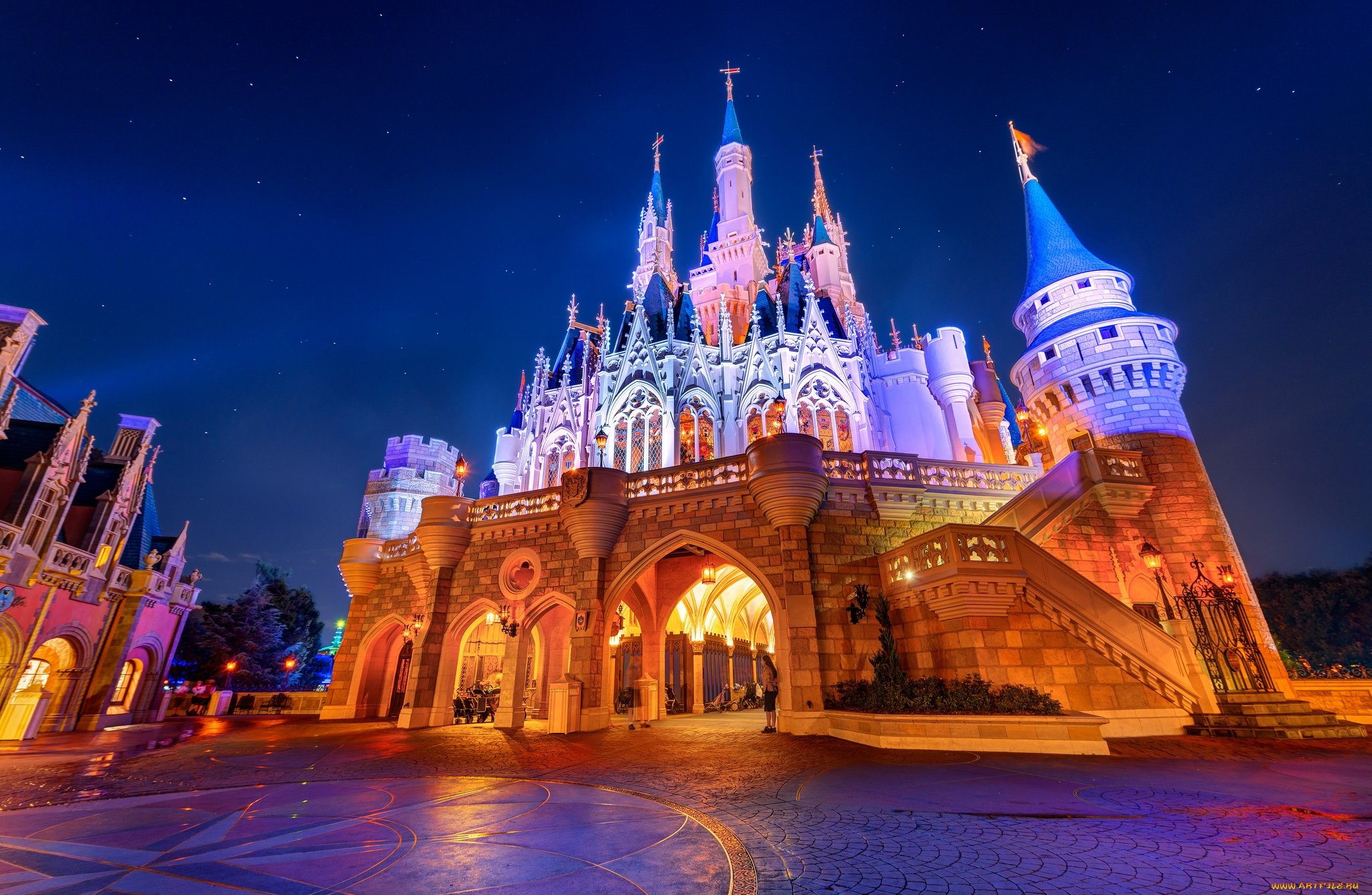 города, диснейленд, замок, золушки, ночь