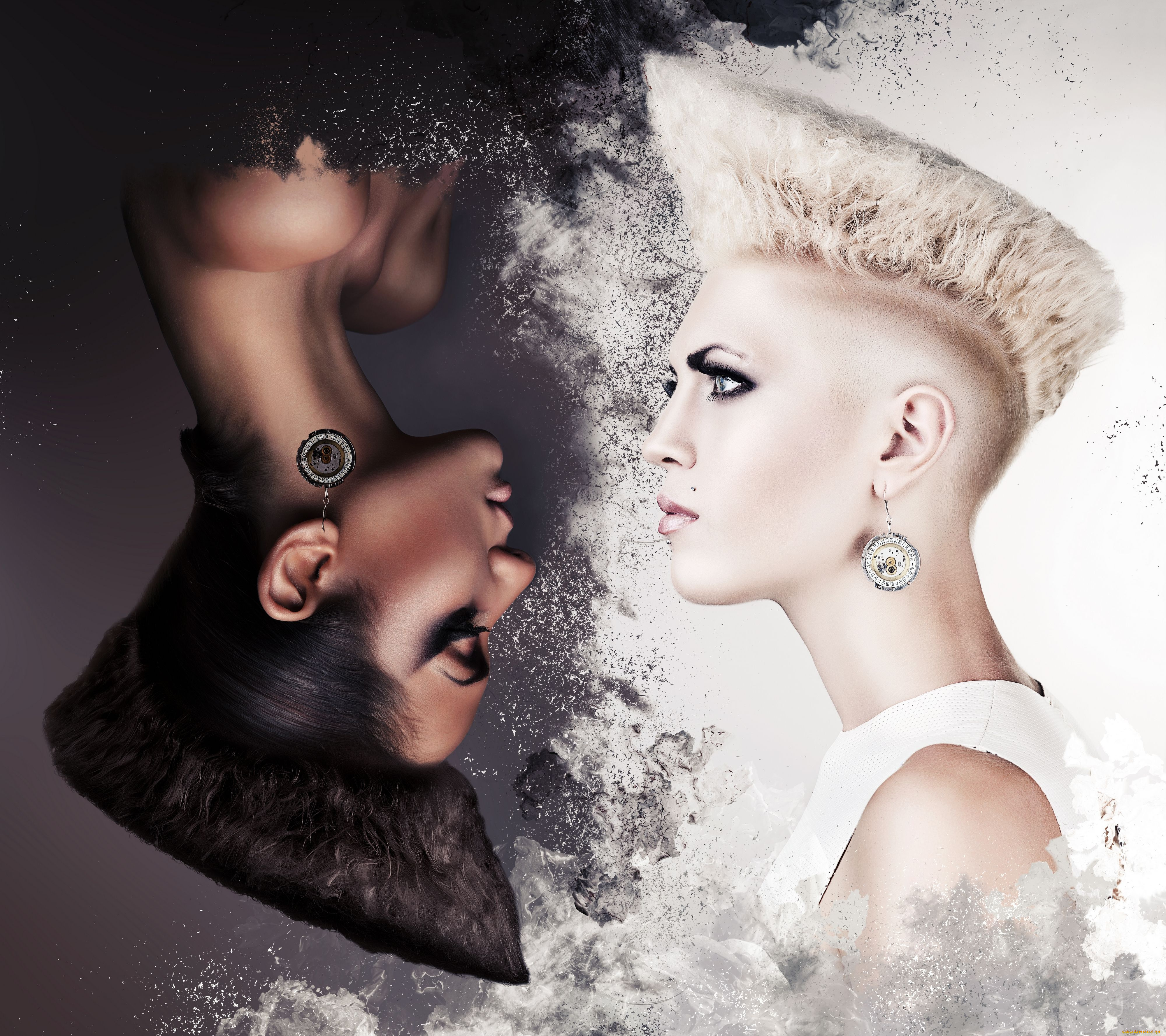 девушки, -unsort, , креатив, блондинка, брюнетка, причёска, серьги, перевёртыш