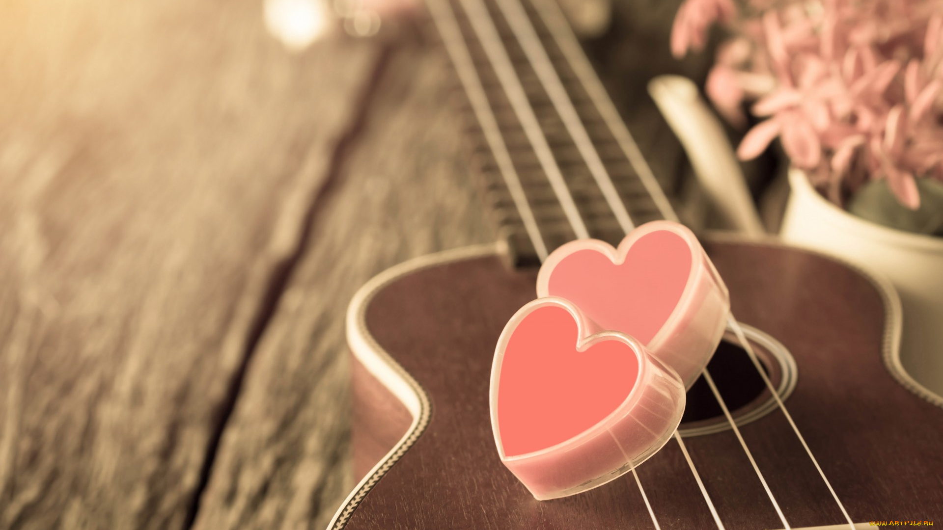 праздничные, день, святого, валентина, , сердечки, , любовь, розовые, цветы, гитара, сердце, romantic, heart, love, vintage