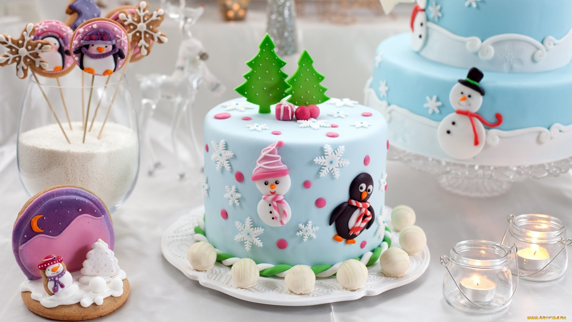 праздничные, угощения, снеговики, фигурки, торт, свечи, печенье, бокалы, ёлки, пингвины, снежинки