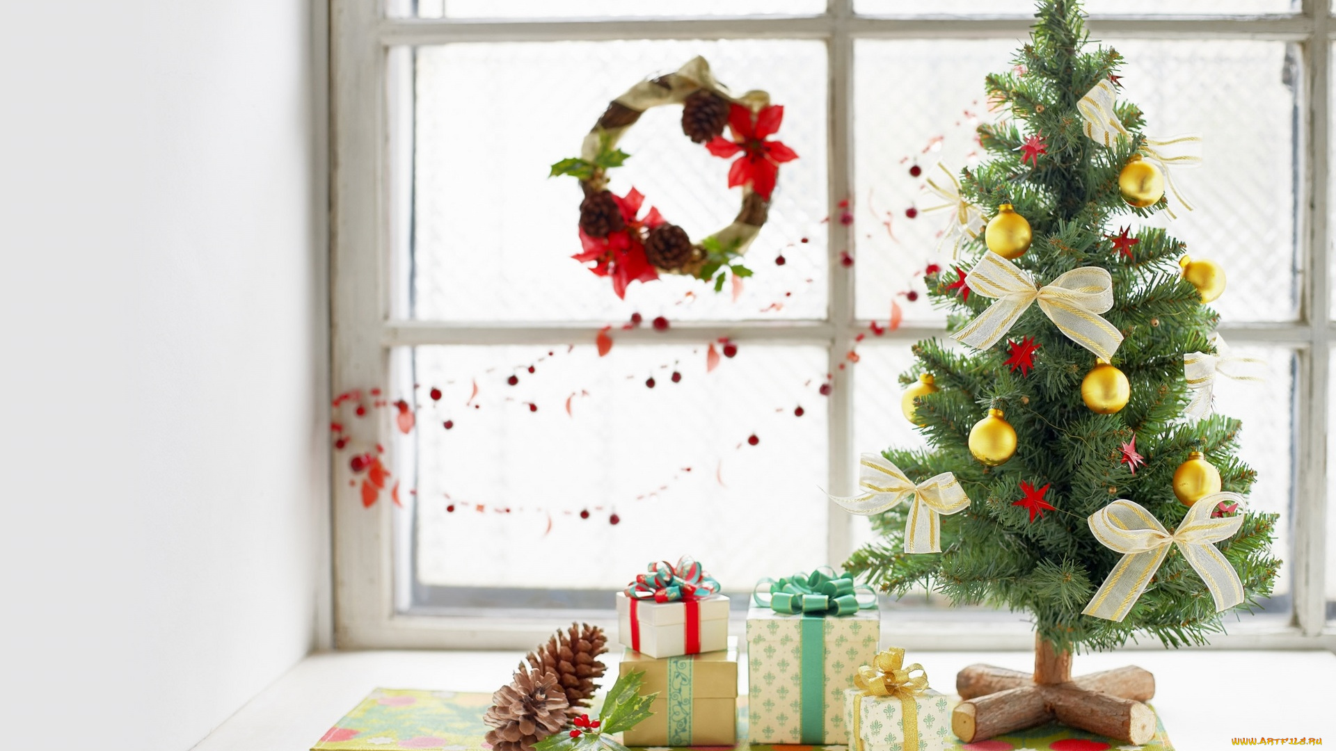 праздничные, Ёлки, шишки, коробки, венок, гирлянда, ёлка, украшения, подарки, окно