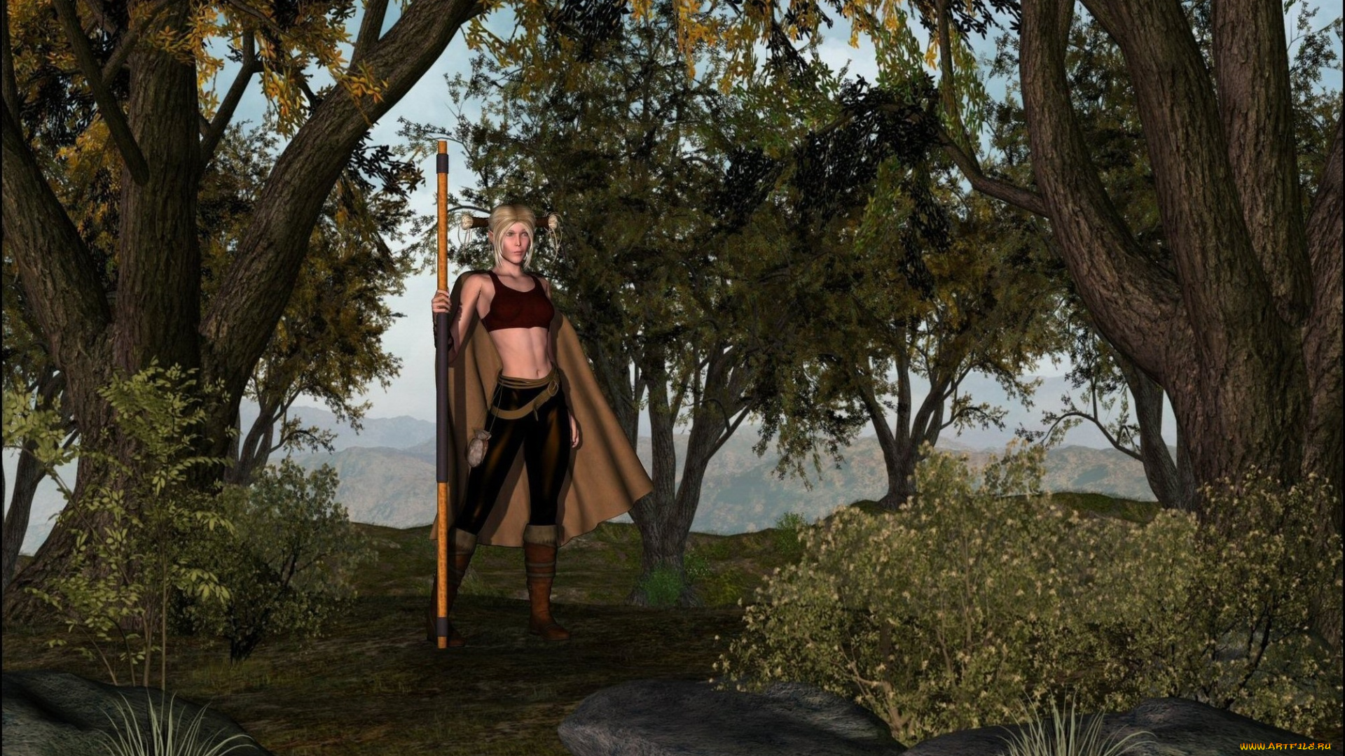 3д, графика, амазонки, , amazon, посох, фон, взгляд, девушка, лес, ручей