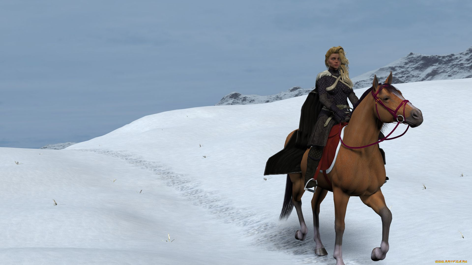 3д, графика, люди, , people, конь, снег, наездница, взгляд, фон, девушка