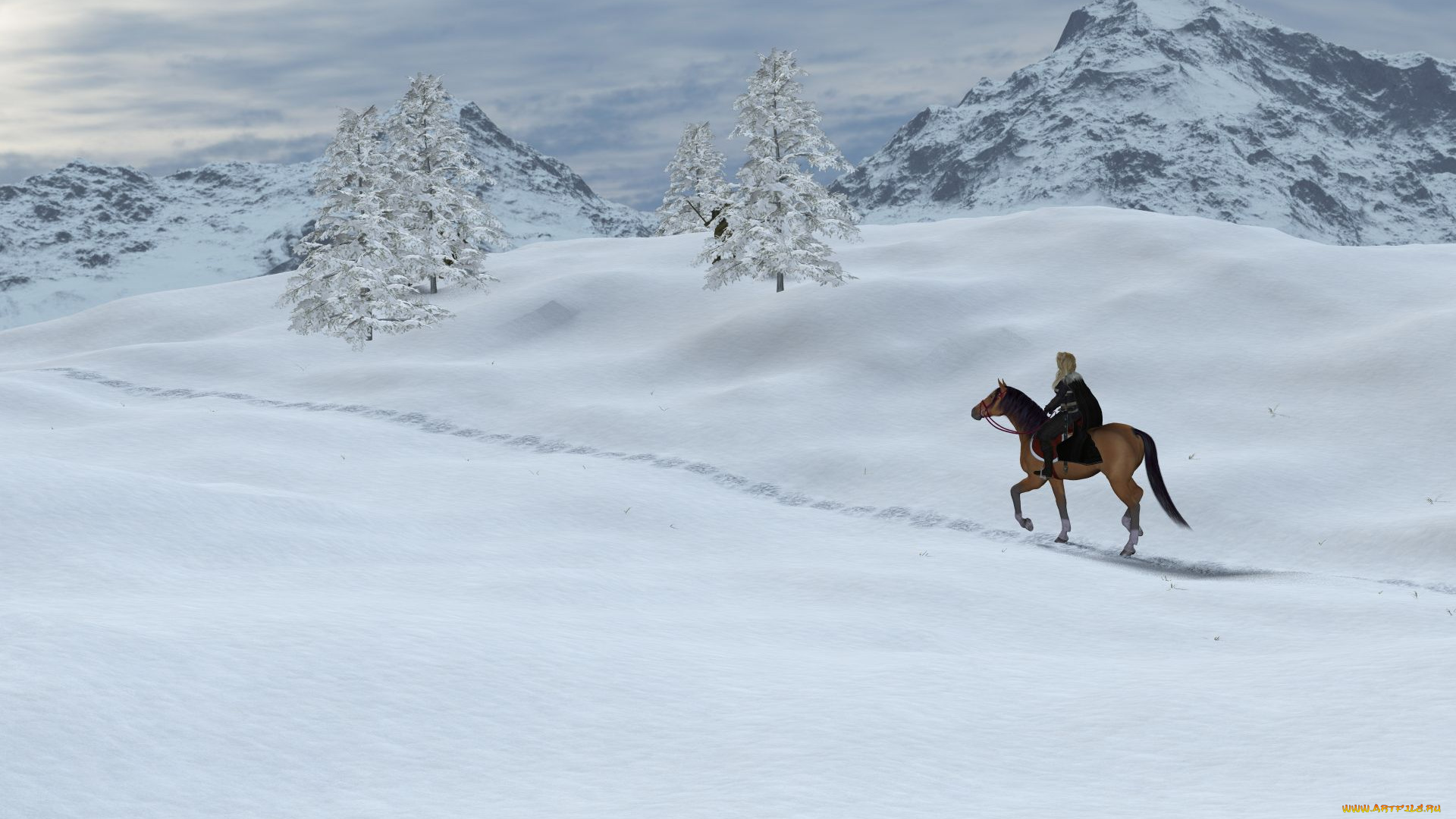 3д, графика, люди, , people, снег, конь, наездница, девушка