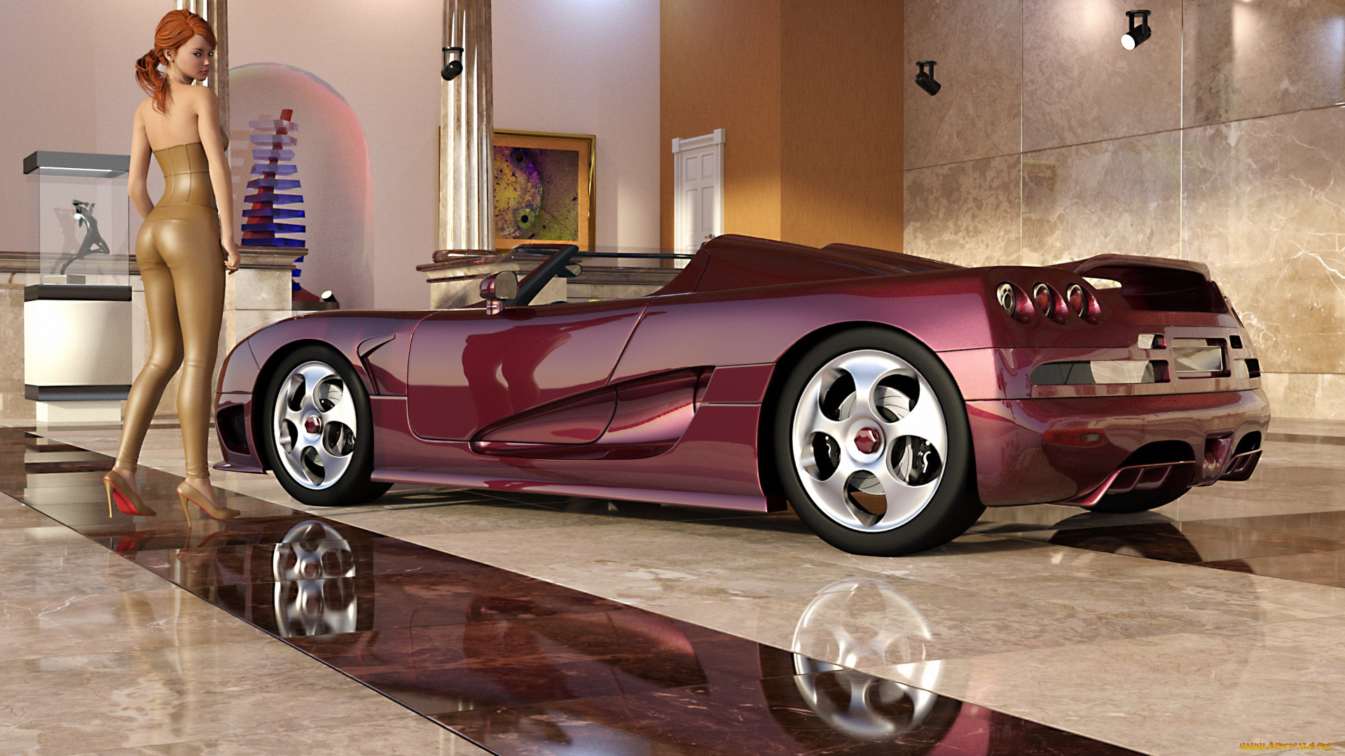 автомобили, 3d, car&girl, взгляд, фон, автомобиль, девушка