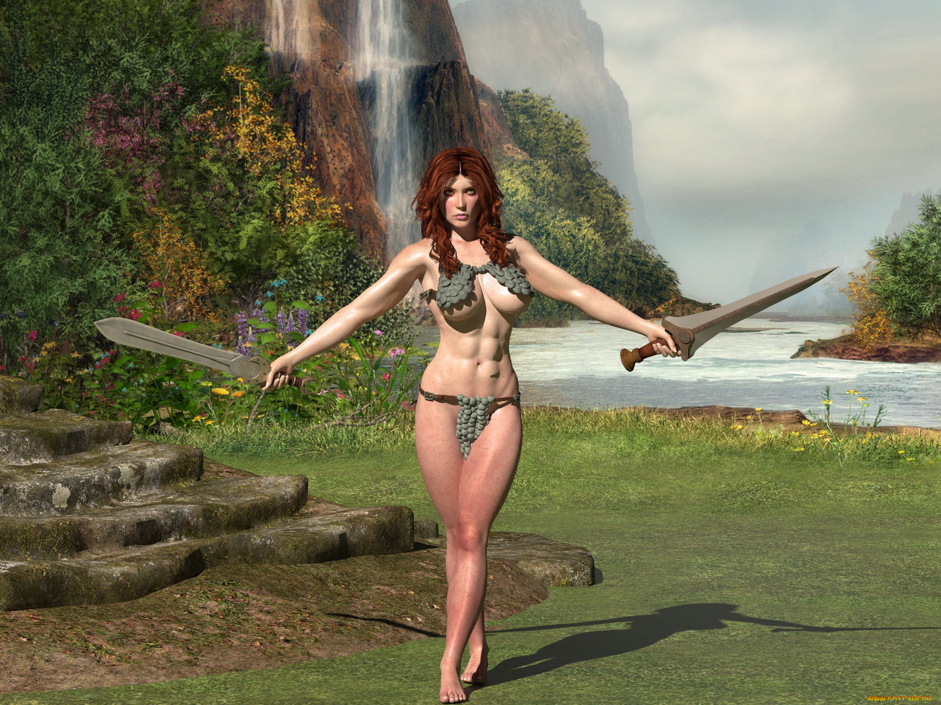 3д, графика, амазонки, , amazon, фон, девушка, природа, меч, взгляд
