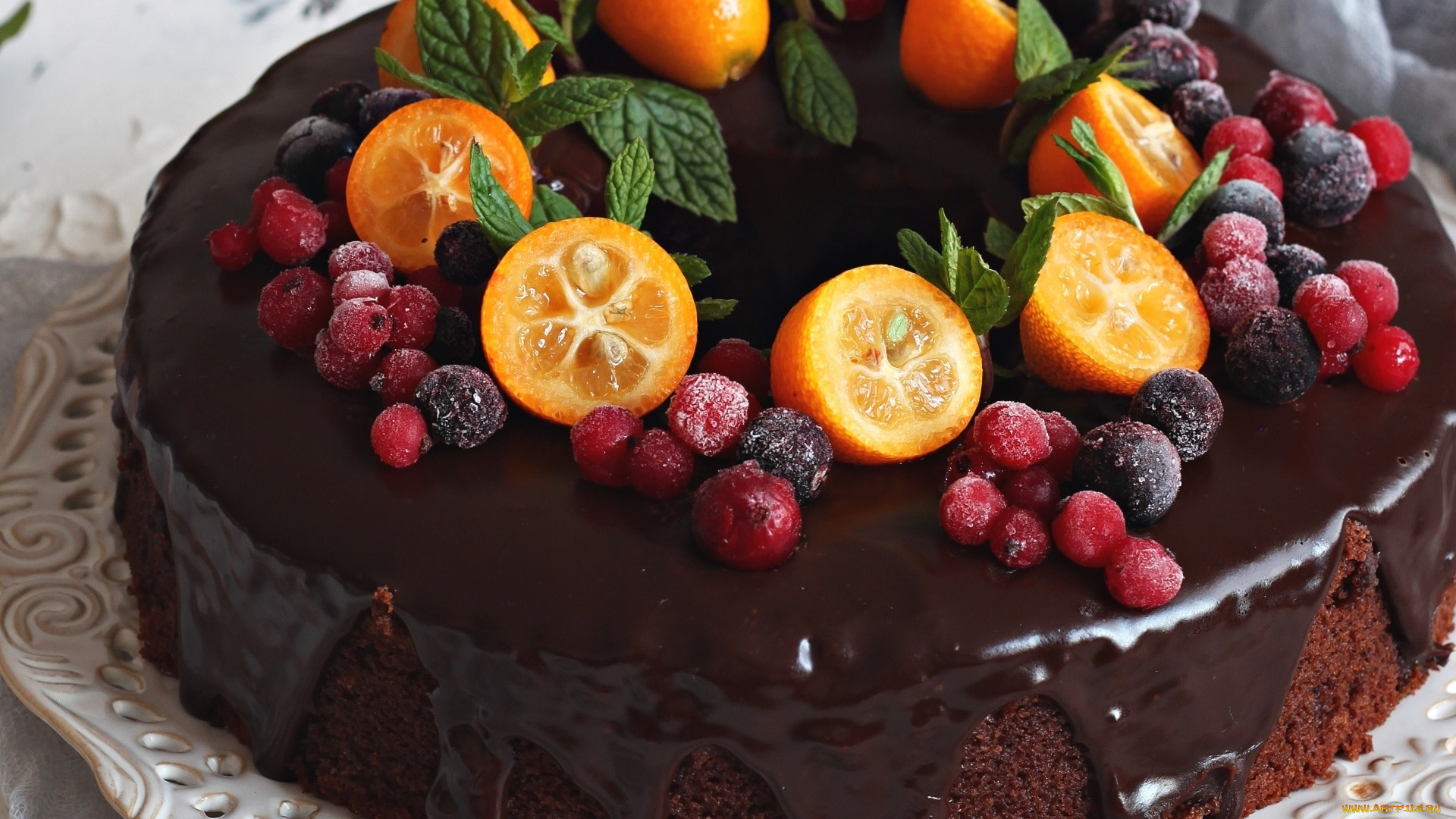 еда, торты, глазурь, шоколадная, кумкват, ягоды