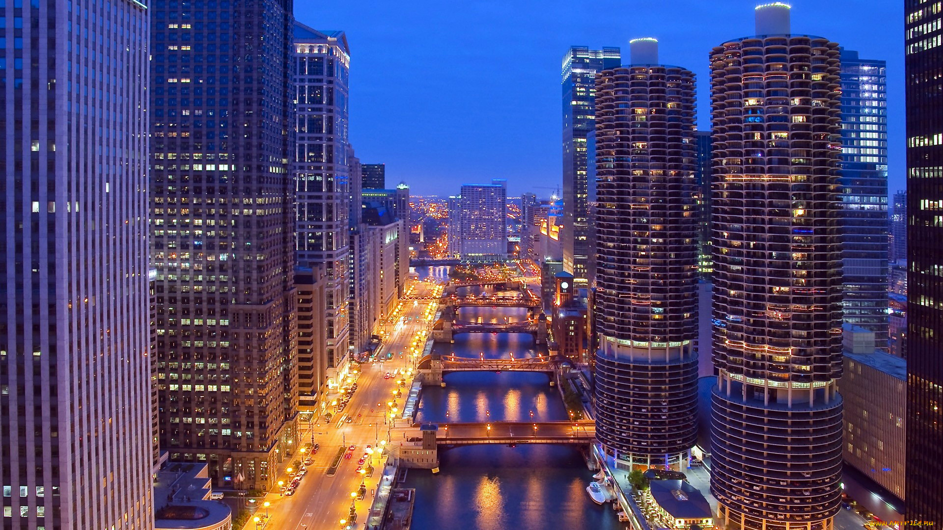 города, Чикаго, , сша, вечер, мосты, река