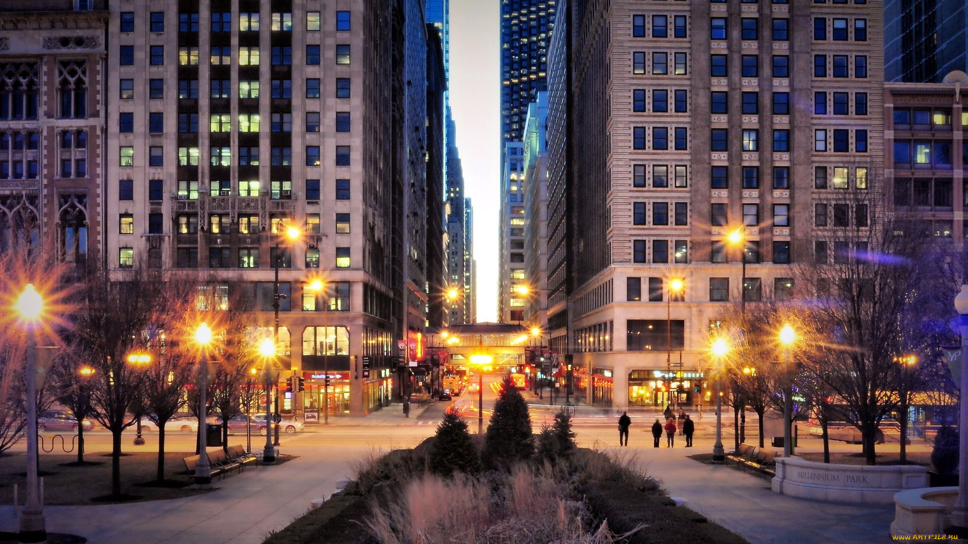 города, Чикаго, , сша, вечер, улица, фонари