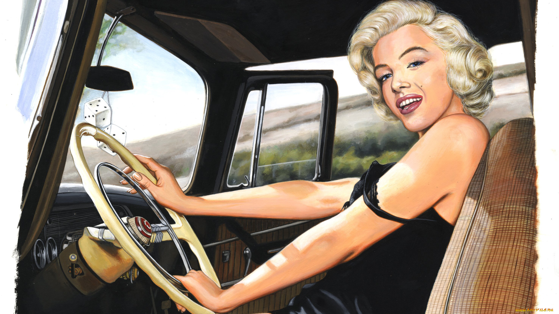 marilyn, monroe, рисованное, люди, взгляд, фон, девушка, автомобиль, улыбка