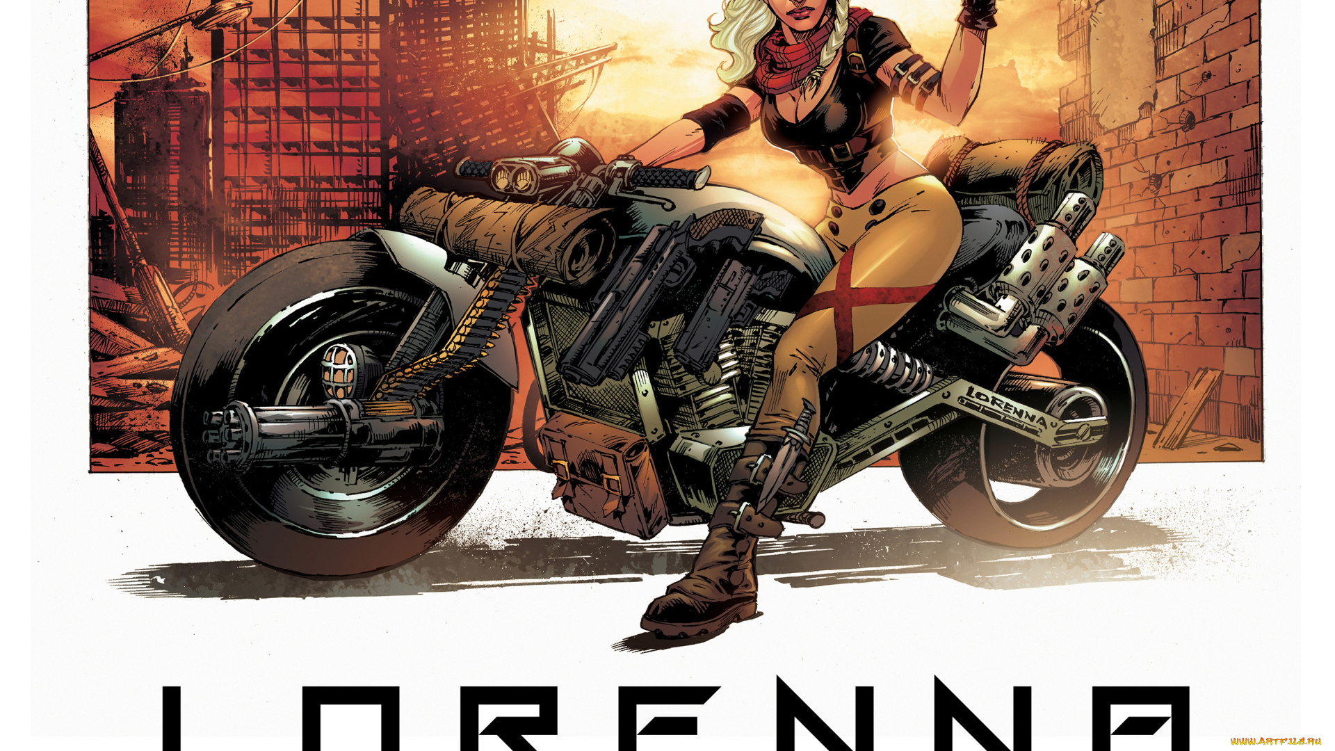 рисованное, комиксы, мотоцикл, девушка, оружие, взгляд, фон
