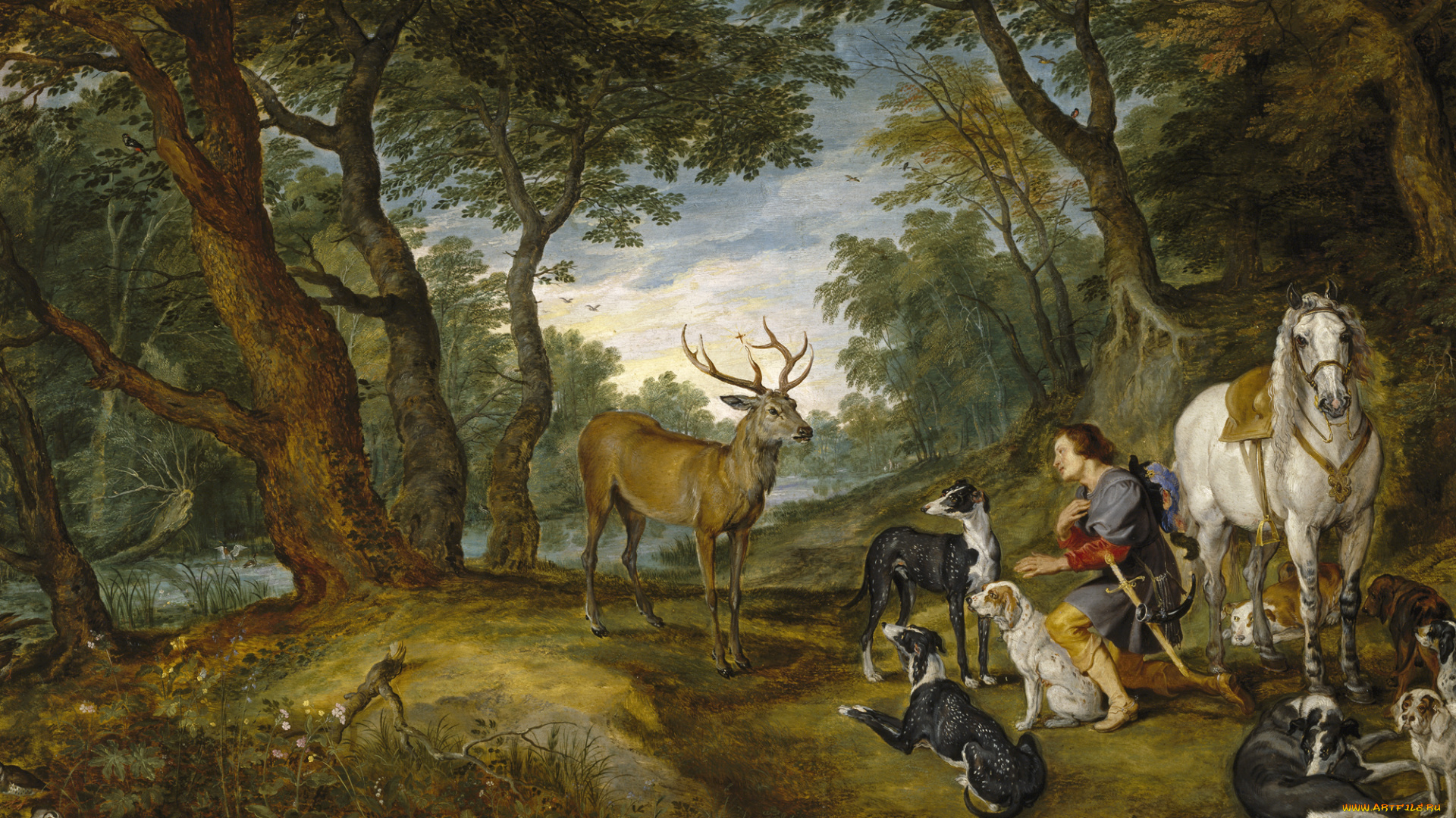 рисованное, живопись, видение, святого, губерта, лес, лошадь, Ян, брейгель, старший, олень, собаки, мифология