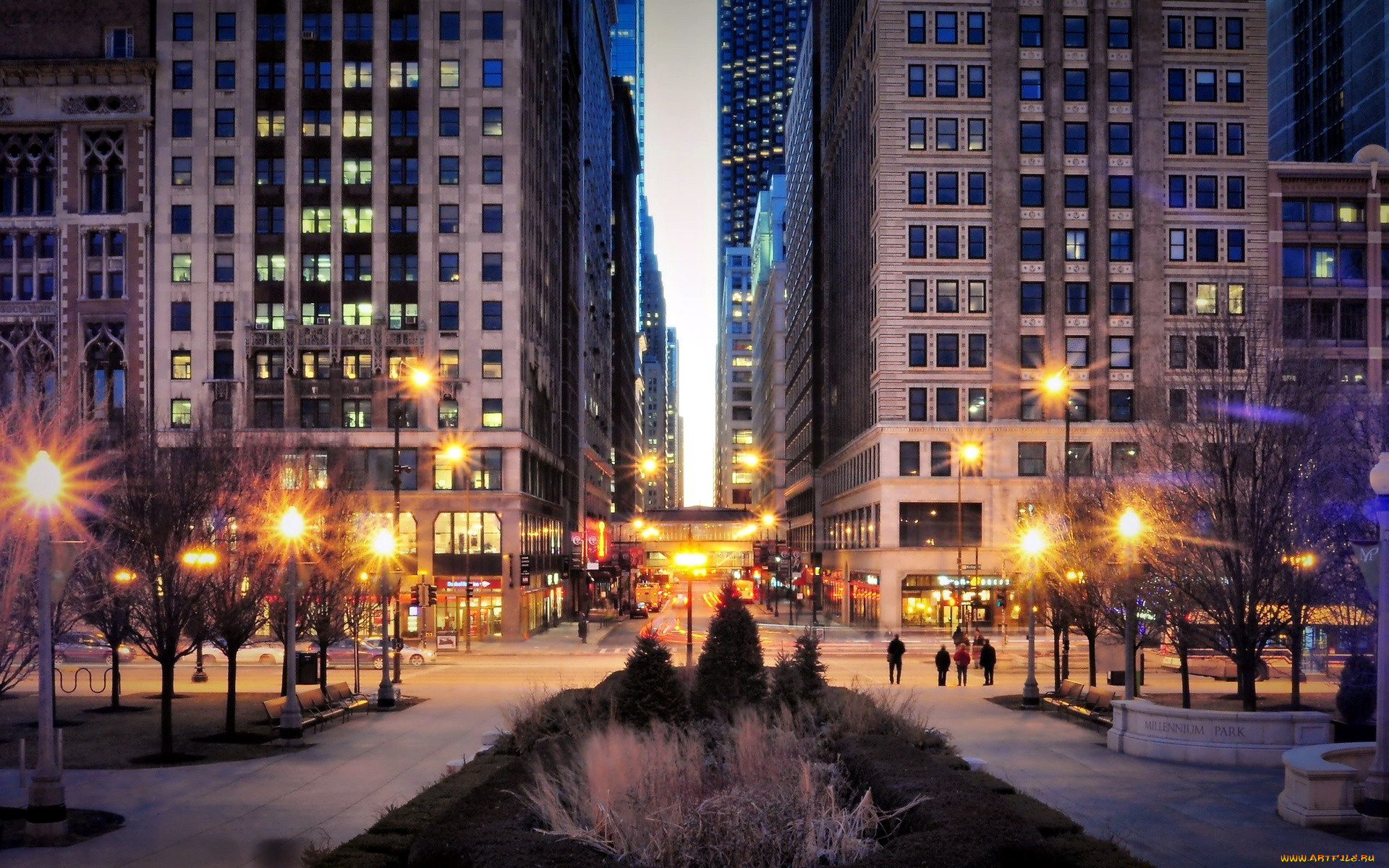 города, Чикаго, , сша, вечер, улица, фонари