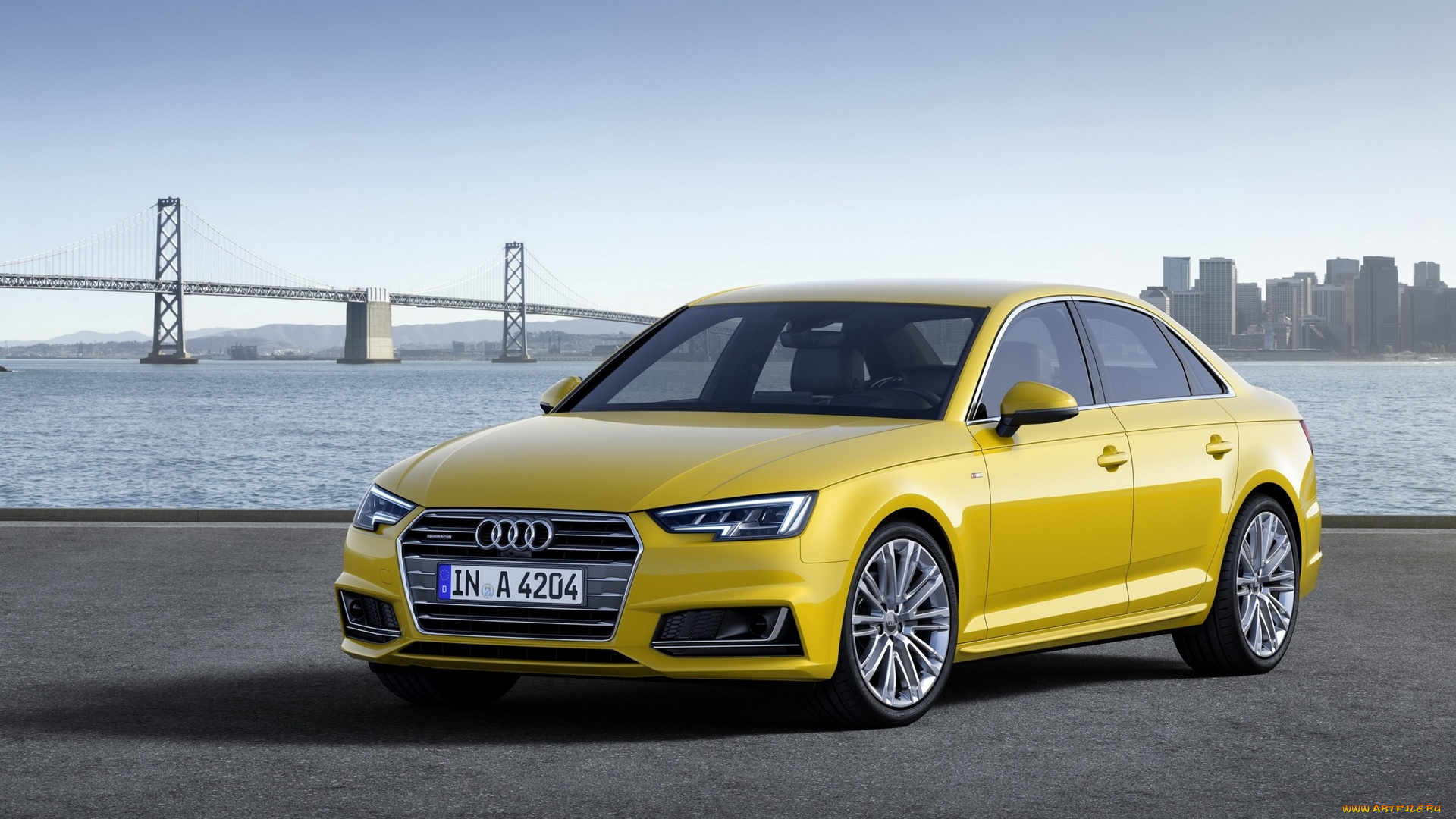 автомобили, audi, ауди, а4, желтая, мост, море, небоскребы, город
