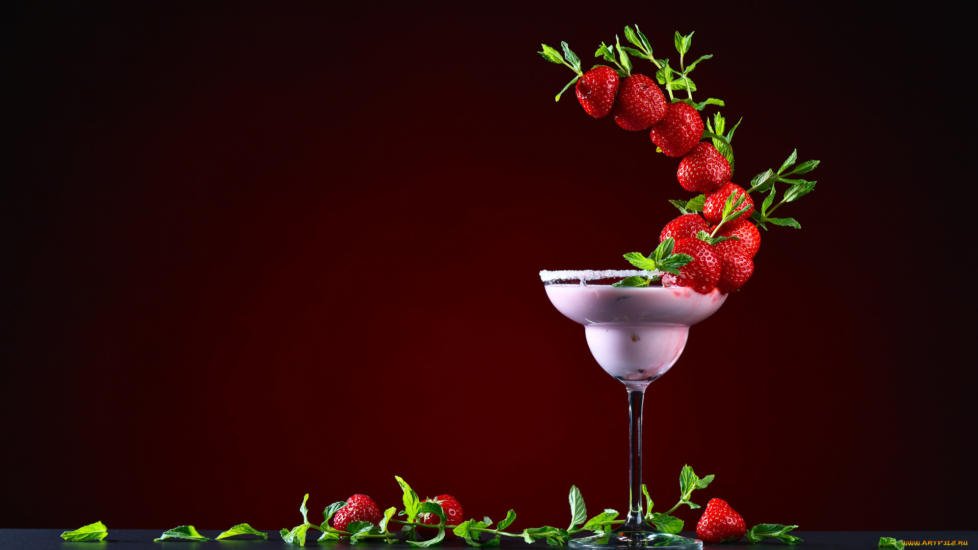 еда, клубника, , земляника, красная, дизайн, коктейль, листья, ягода, бокал