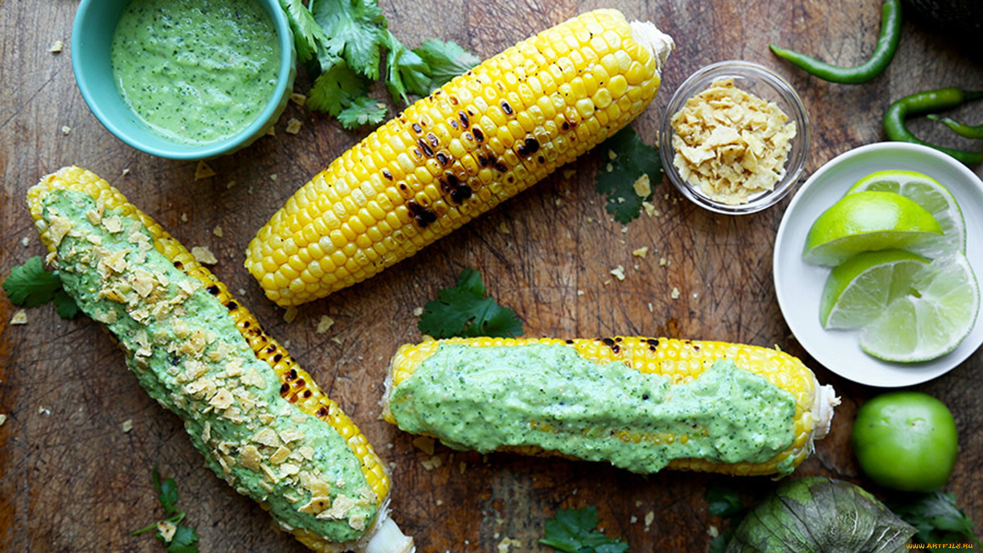 еда, кукуруза, початки, соус, лайм