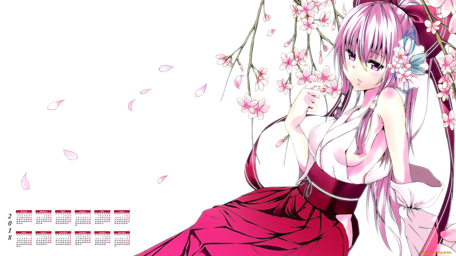 календари, аниме, цветы, девушка, 2018, взгляд
