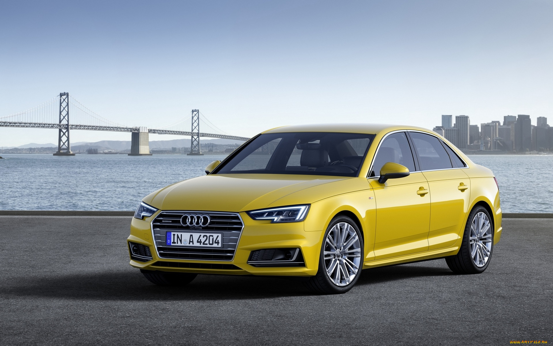 автомобили, audi, ауди, а4, желтая, мост, море, небоскребы, город