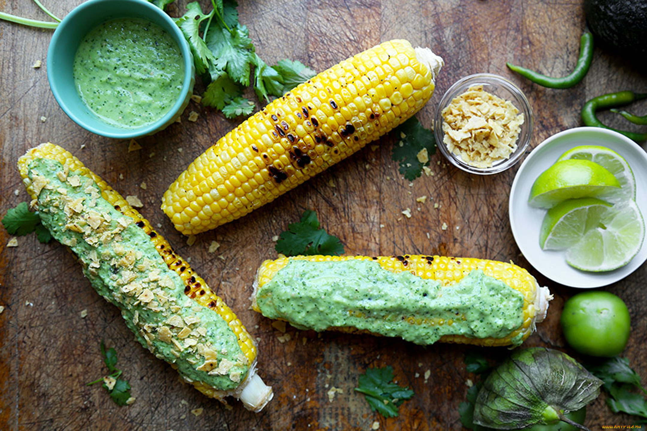 еда, кукуруза, початки, соус, лайм