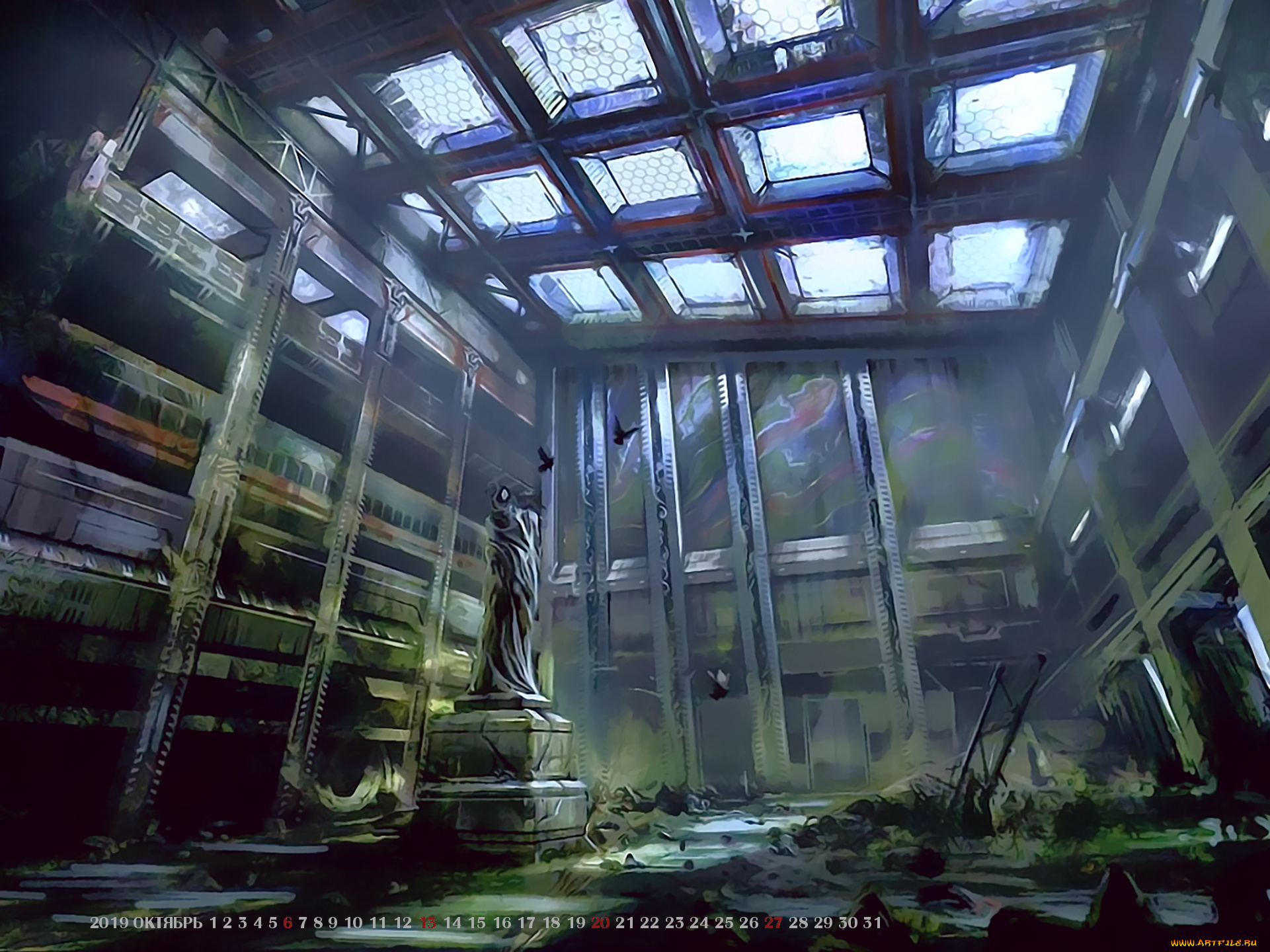 календари, фэнтези, каменная, здание, пьедестал, статуя, развалины, calendar, 2019