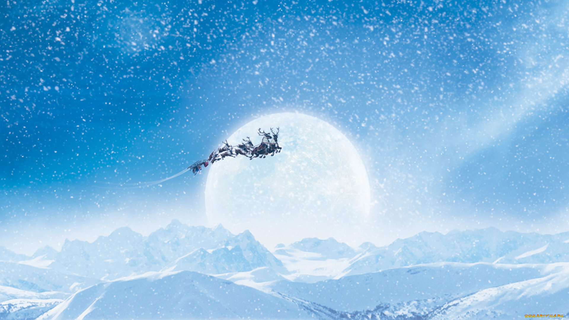 праздничные, рисованные, санта, клаус, олени, сани, снег, полет, луна, горы