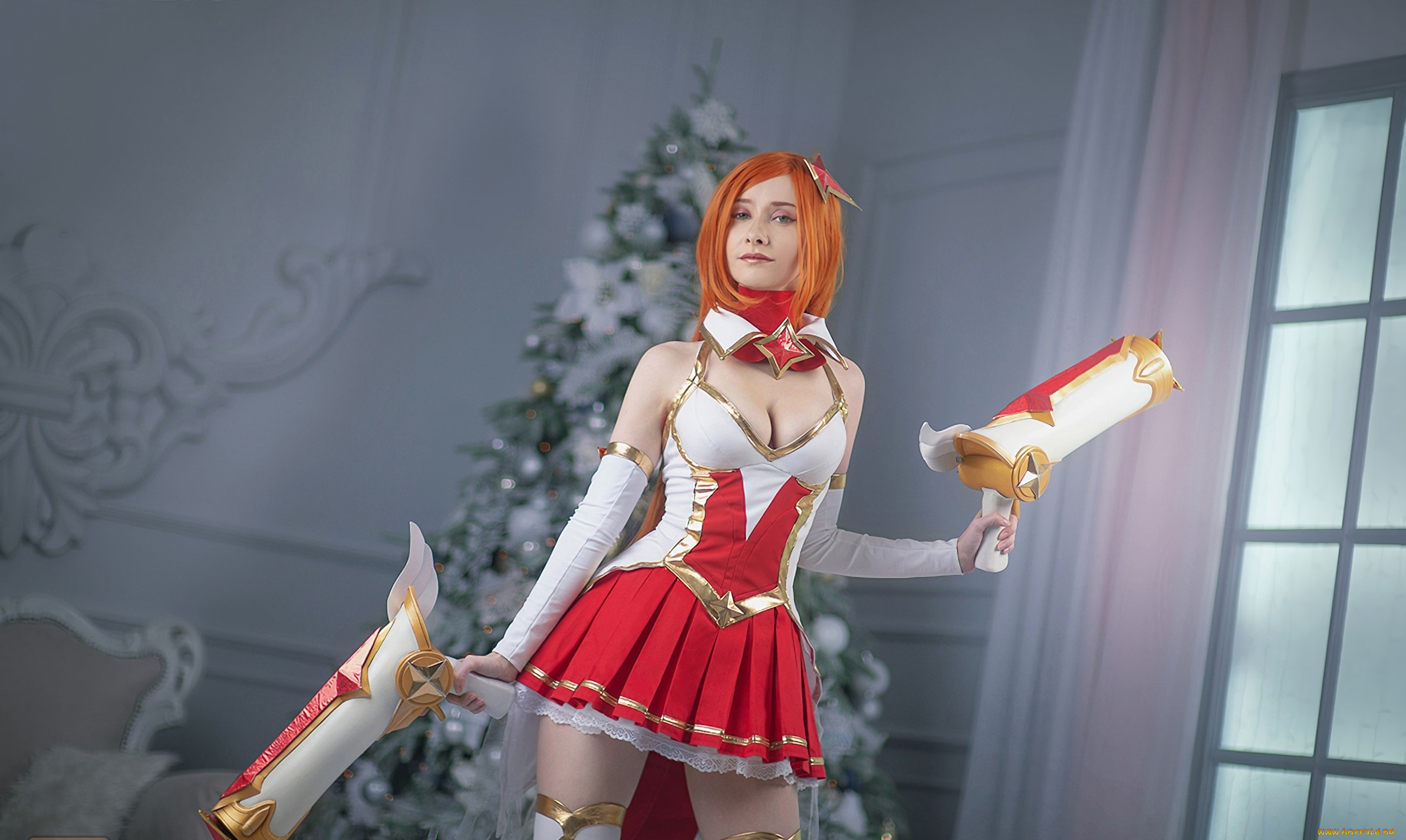 девушки, -, креатив, , косплей, vandych, miss, fortune, league, of, legends, костюм, ёлка, оружие, окно, лепнина