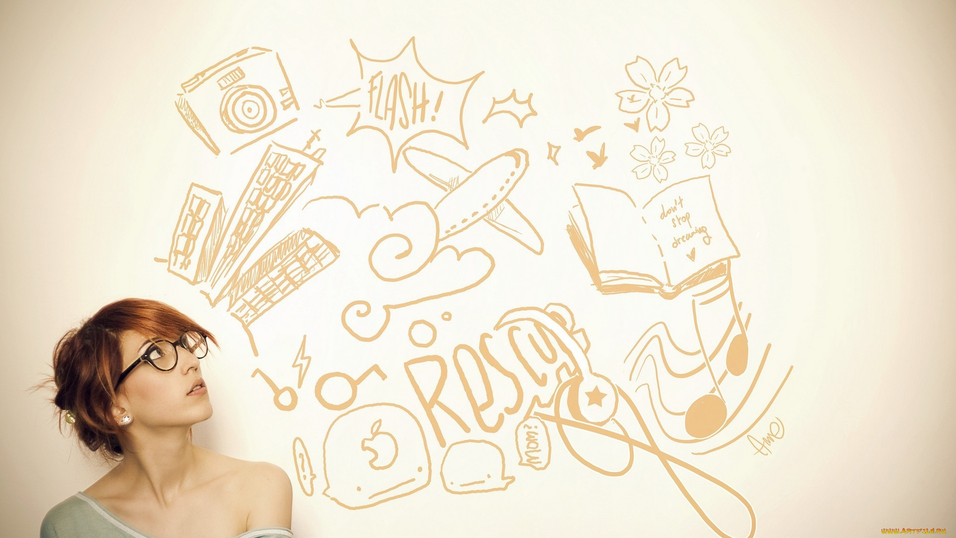 девушки, -, лица, , портреты, рыжая, лицо, очки, мысли