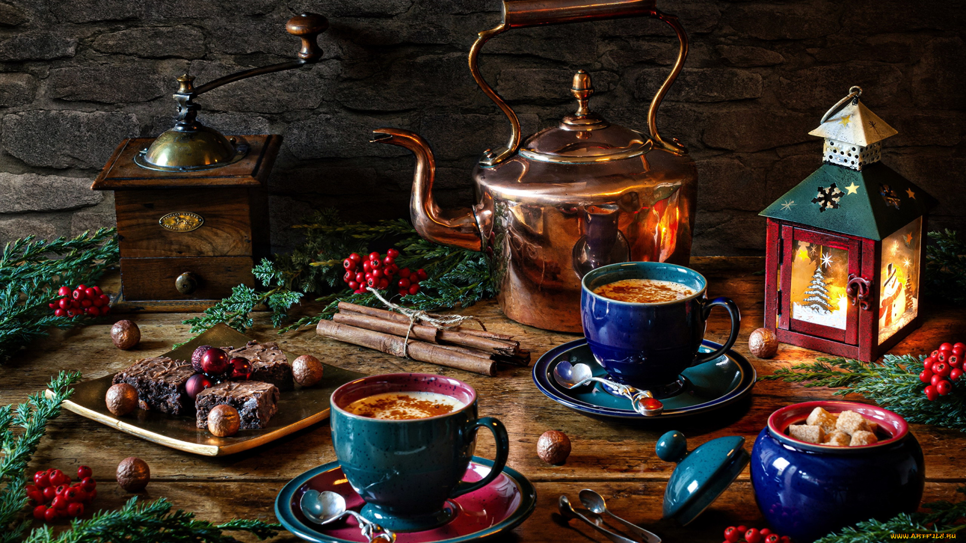 еда, натюрморт, чайник, кофемолка, фонарь, корица, какао, пирожные