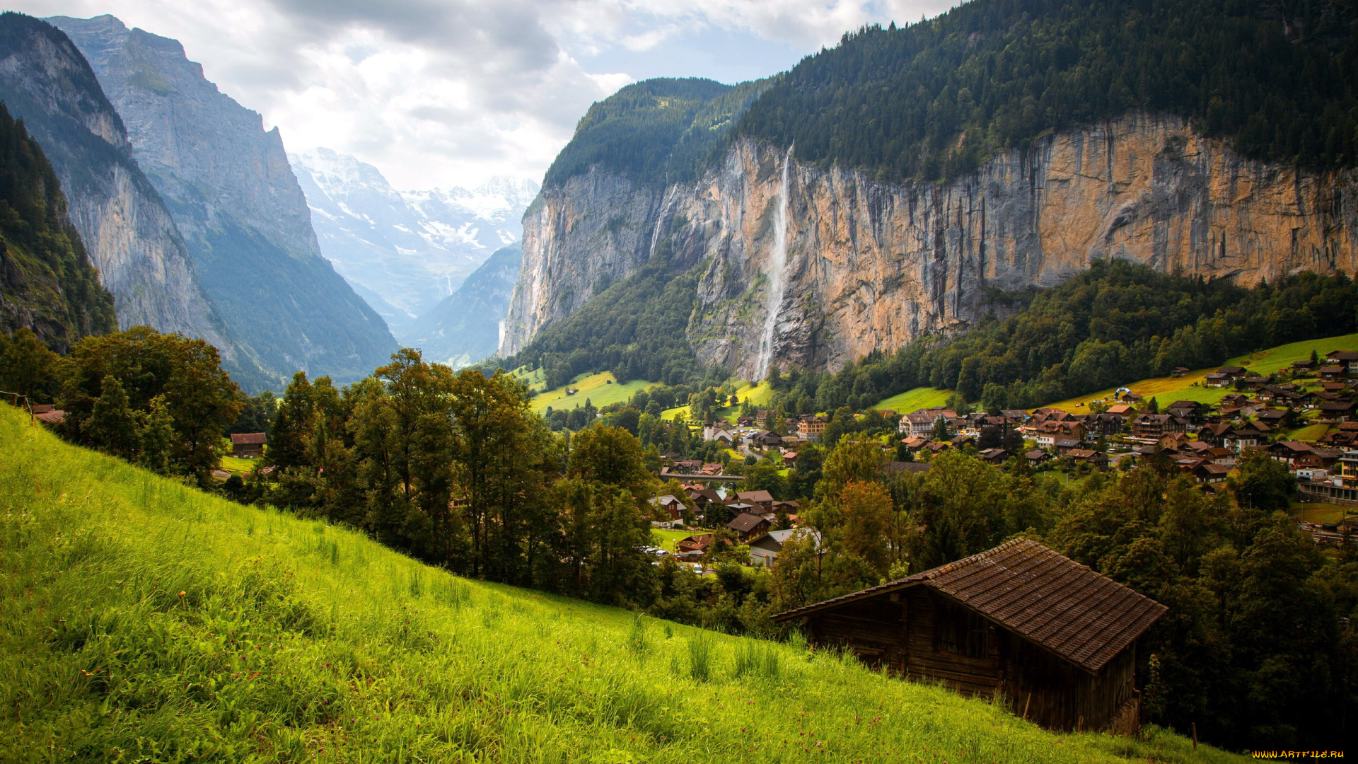 города, лаутербруннен, , швейцария, горы, водопад, панорама