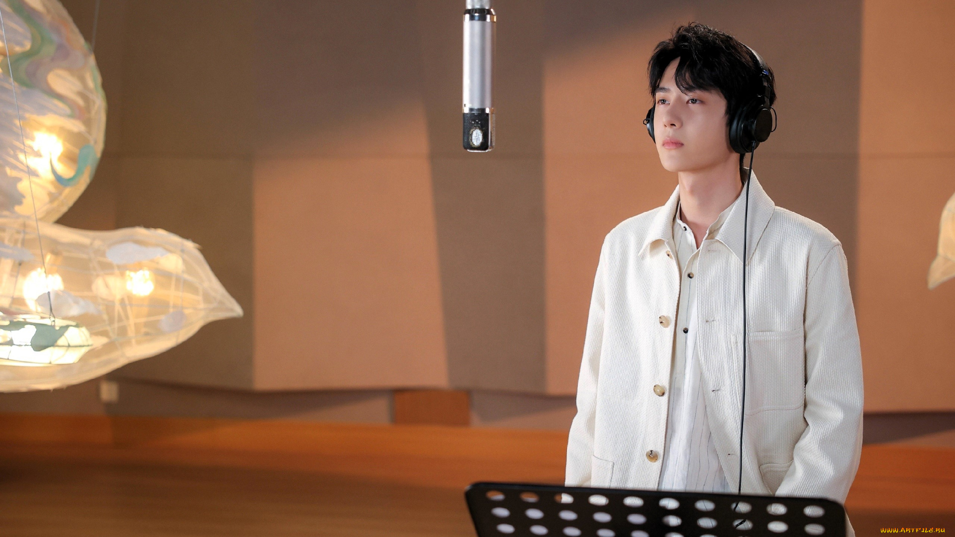 мужчины, wang, yi, bo, актер, пиджак, студия, микрофон, наушники