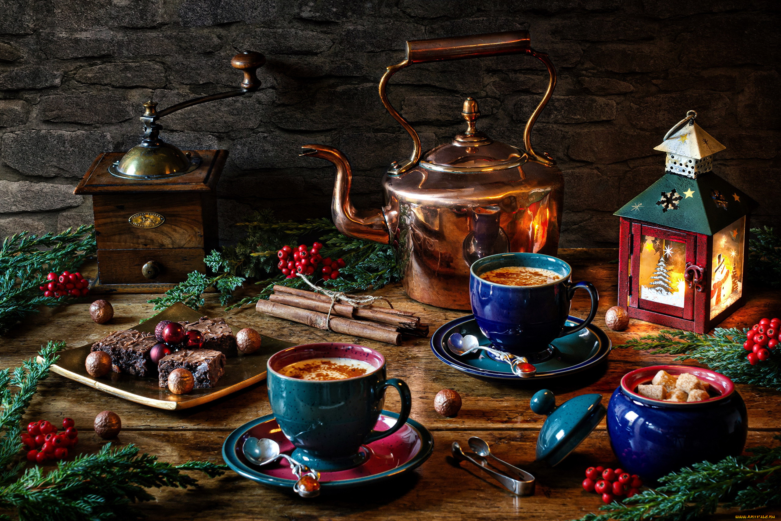 еда, натюрморт, чайник, кофемолка, фонарь, корица, какао, пирожные