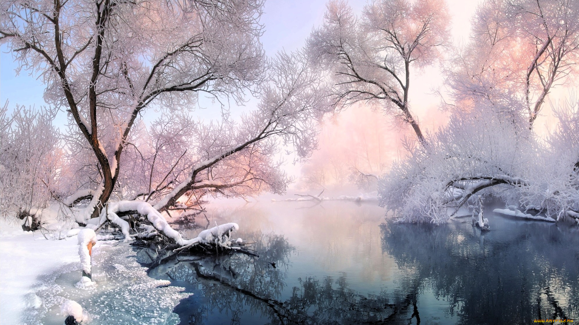 природа, реки, озера, деревья, иней, снег, лед, река