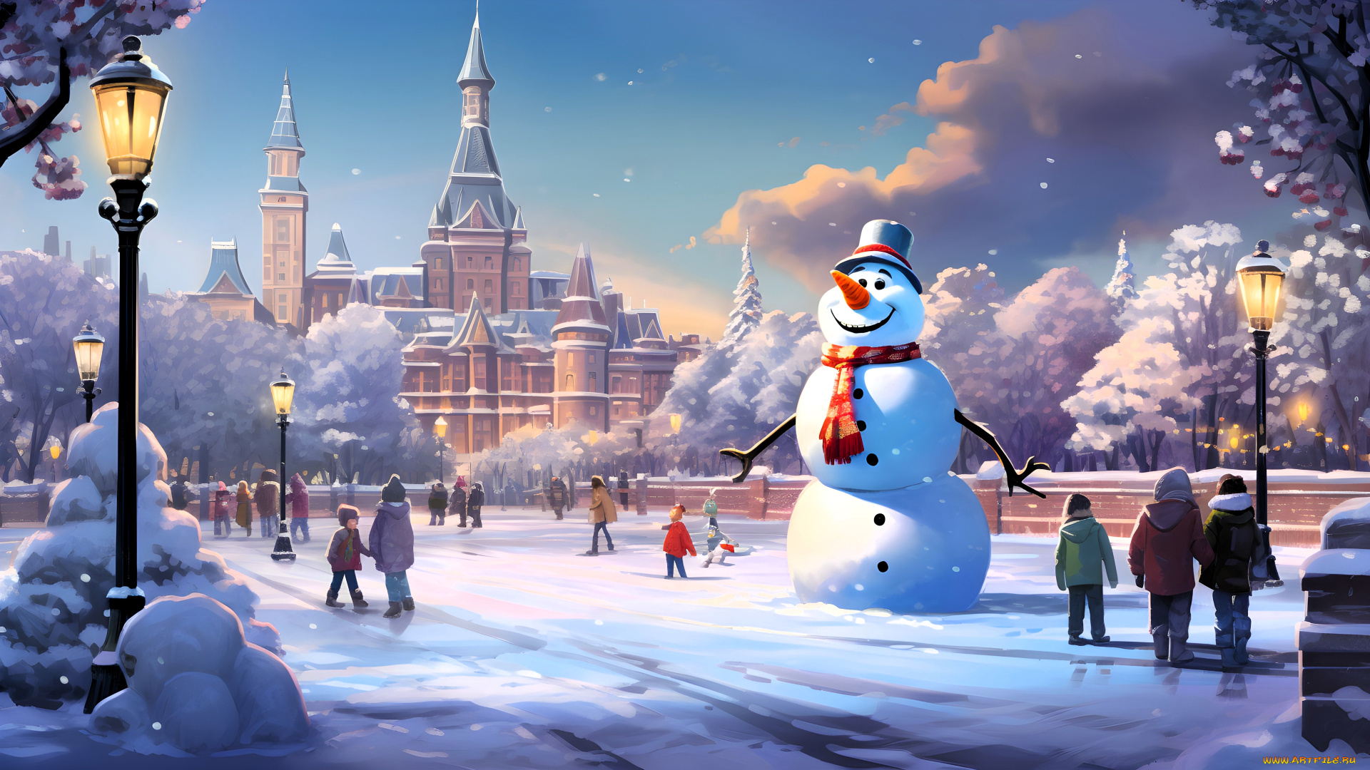рисованное, люди, снеговик, снег, здания, фонари, деревья