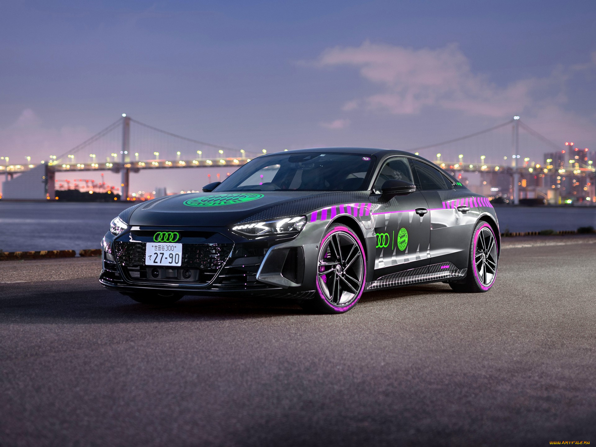 audi, e-tron, gt, автомобили, audi, серый, набережная, река, мост, огни