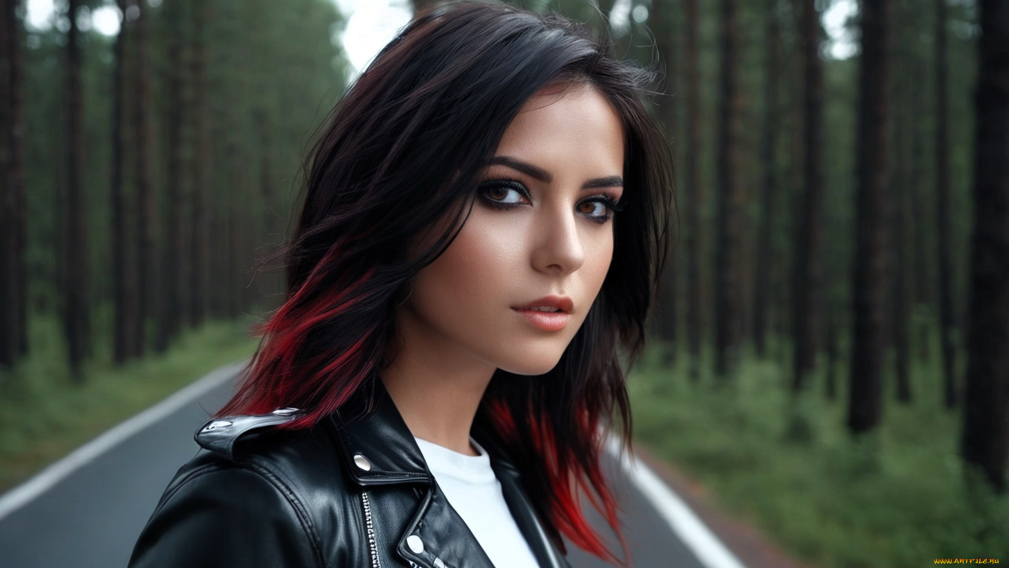 3д, графика, портреты, и, лица, , portraits, and, faсes, девушка, лицо, куртка, дорога, лес
