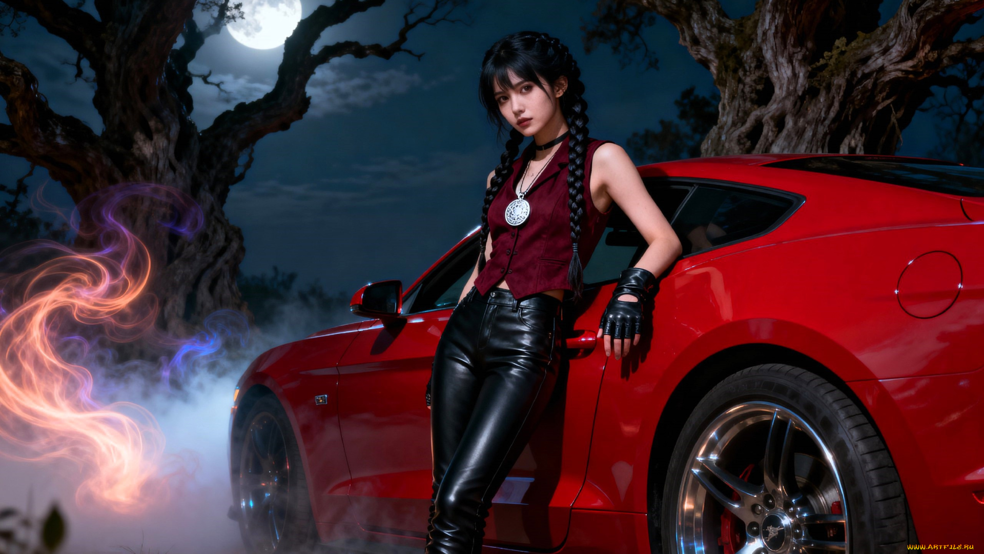 3д, графика, люди-авто, мото, , people-, car, , , moto, девушка, косы, жилет, брюки, медальон, машина, деревья, ночь