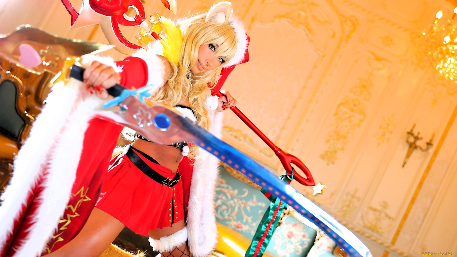 девушки, nonsummerjack, образ, косплей, наряд, костюм, ушки, шапка, снегурочка, топ, юбка, рукава, чулок, ботинки, хвост, оружие