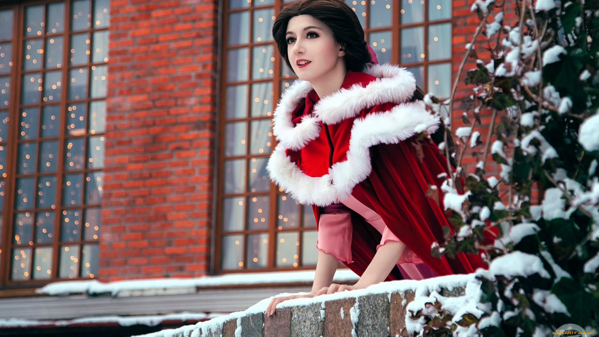 девушки, tomka, violea, образ, косплей, наряд, костюм, плащ, снег, замок, ёлка, новый, год