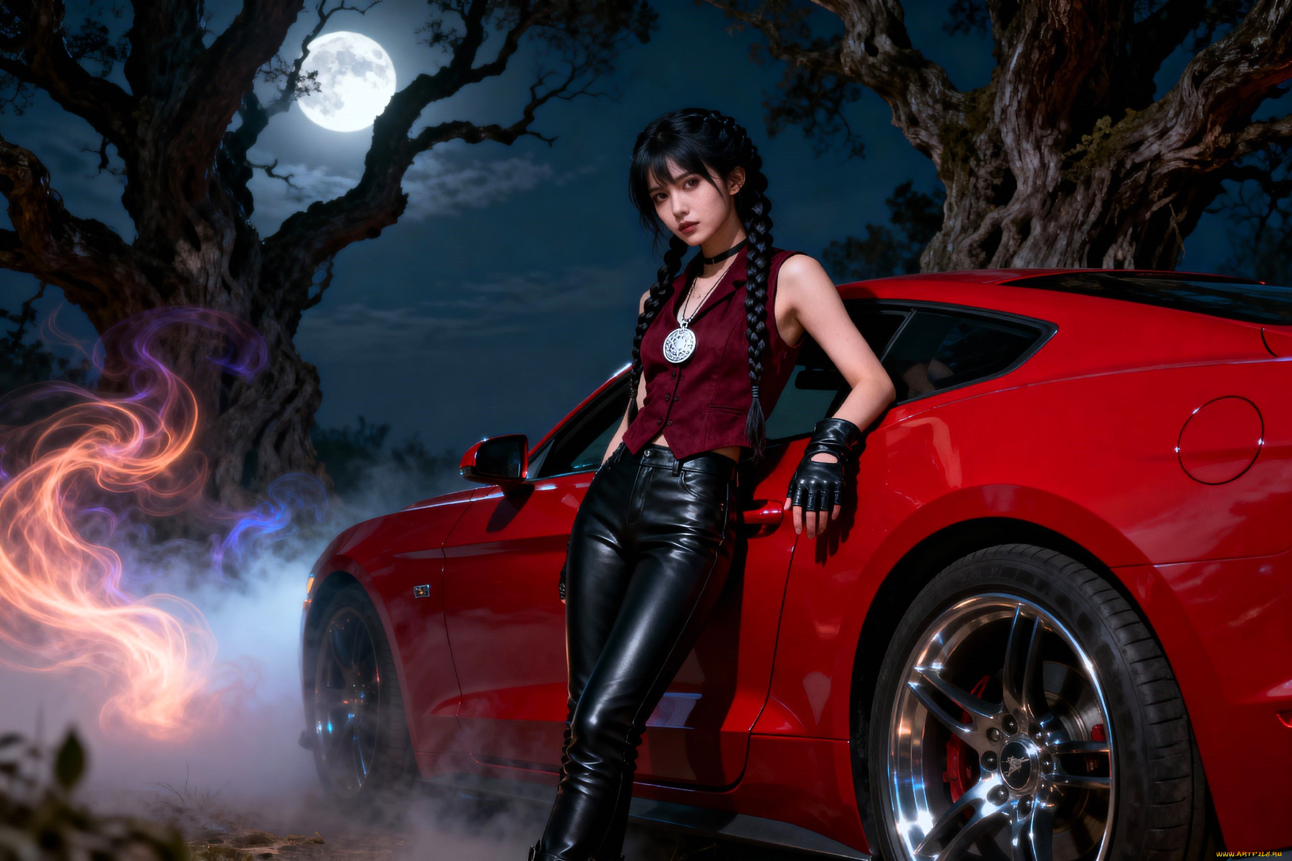 3д, графика, люди-авто, мото, , people-, car, , , moto, девушка, косы, жилет, брюки, медальон, машина, деревья, ночь