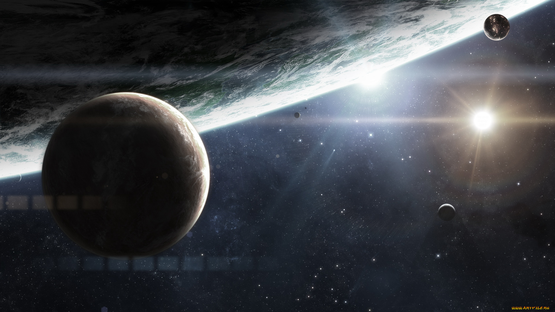 космос, арт, планеты, звезды, свечения