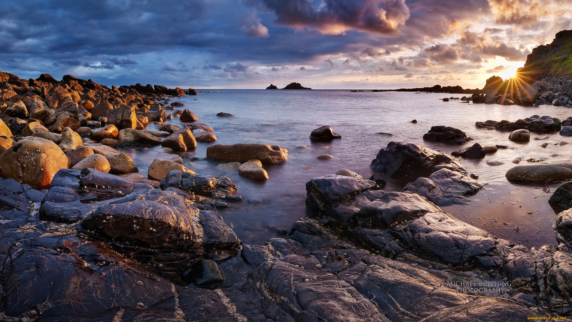 природа, побережье, камни, вода, тучи