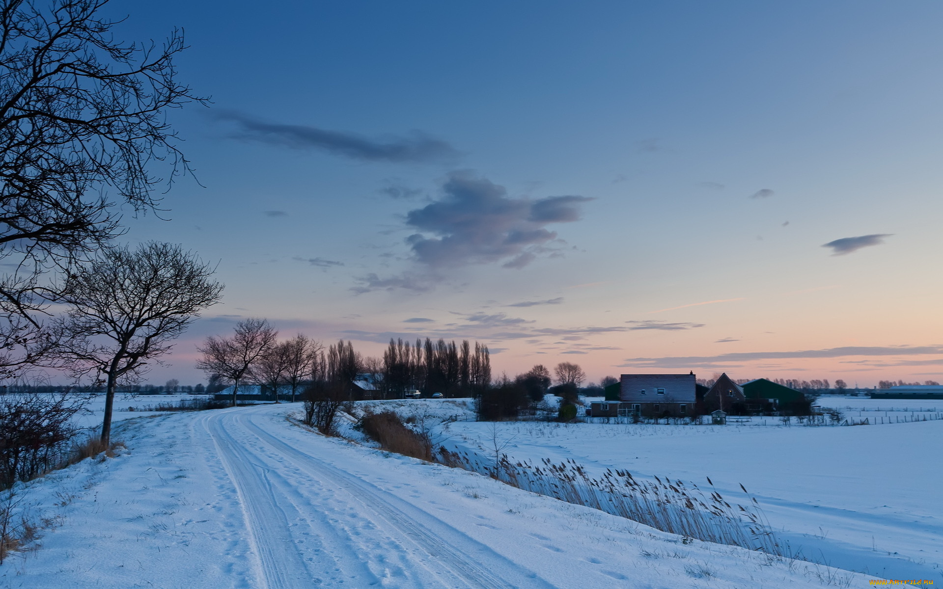 природа, зима, снег, закат