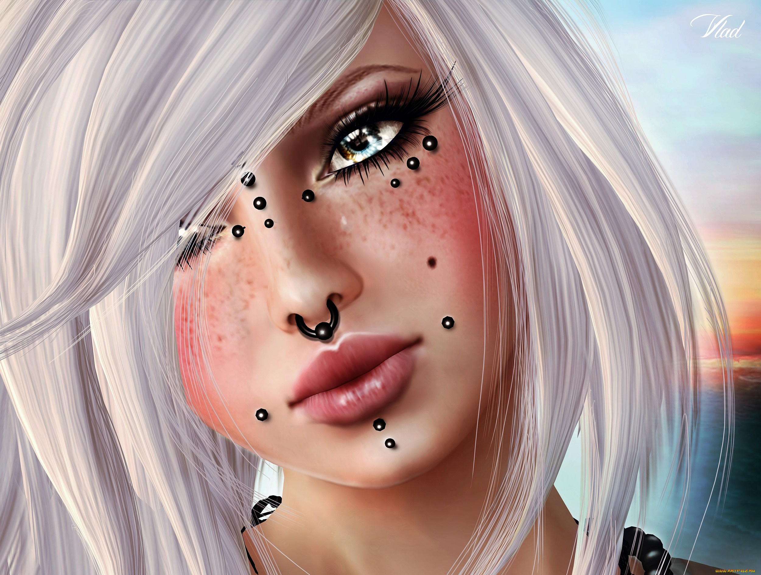 3д, графика, portraits, портрет, слеза, девушка, пирсинг