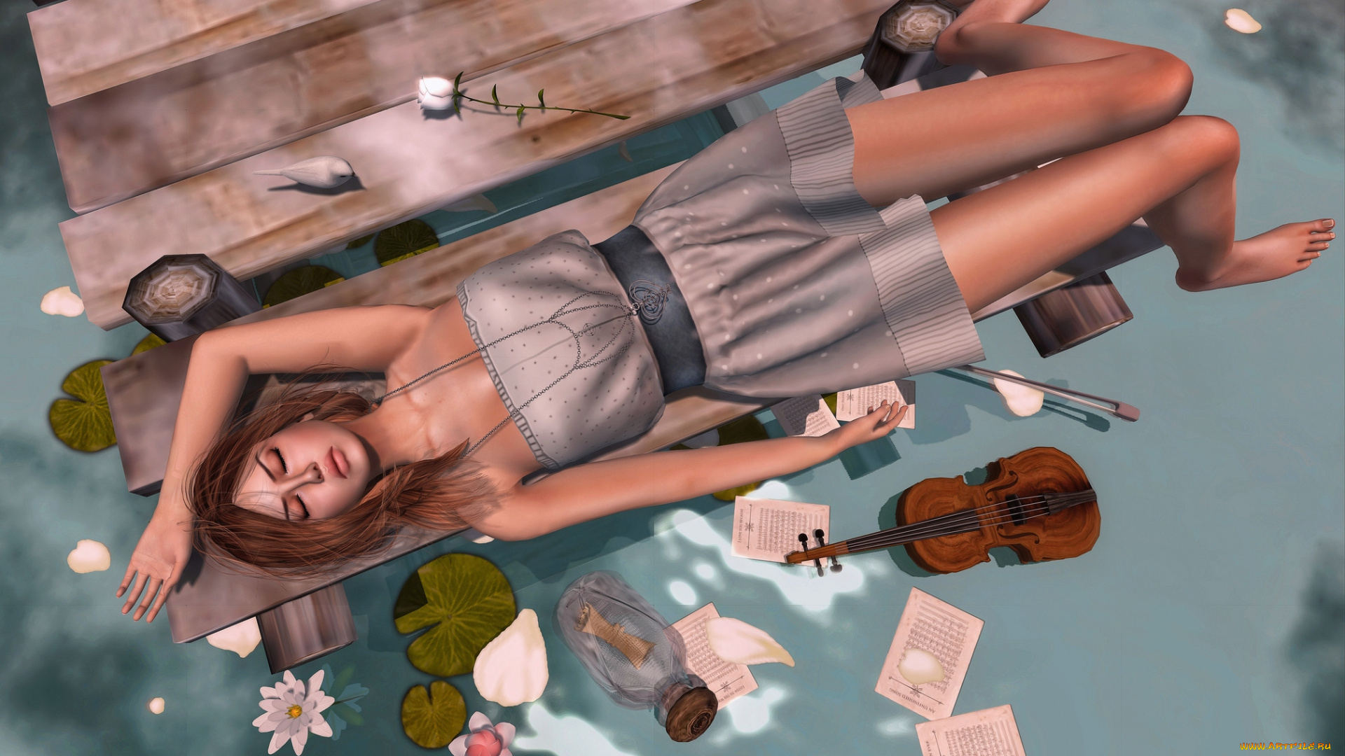 3д, графика, people, люди, девушка, скрипка, роза, ноты