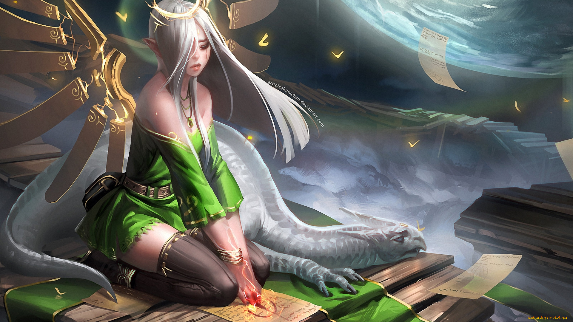 фэнтези, красавицы, чудовища, эльфийка, девушка, магия, крылья, дракон, sakimichan