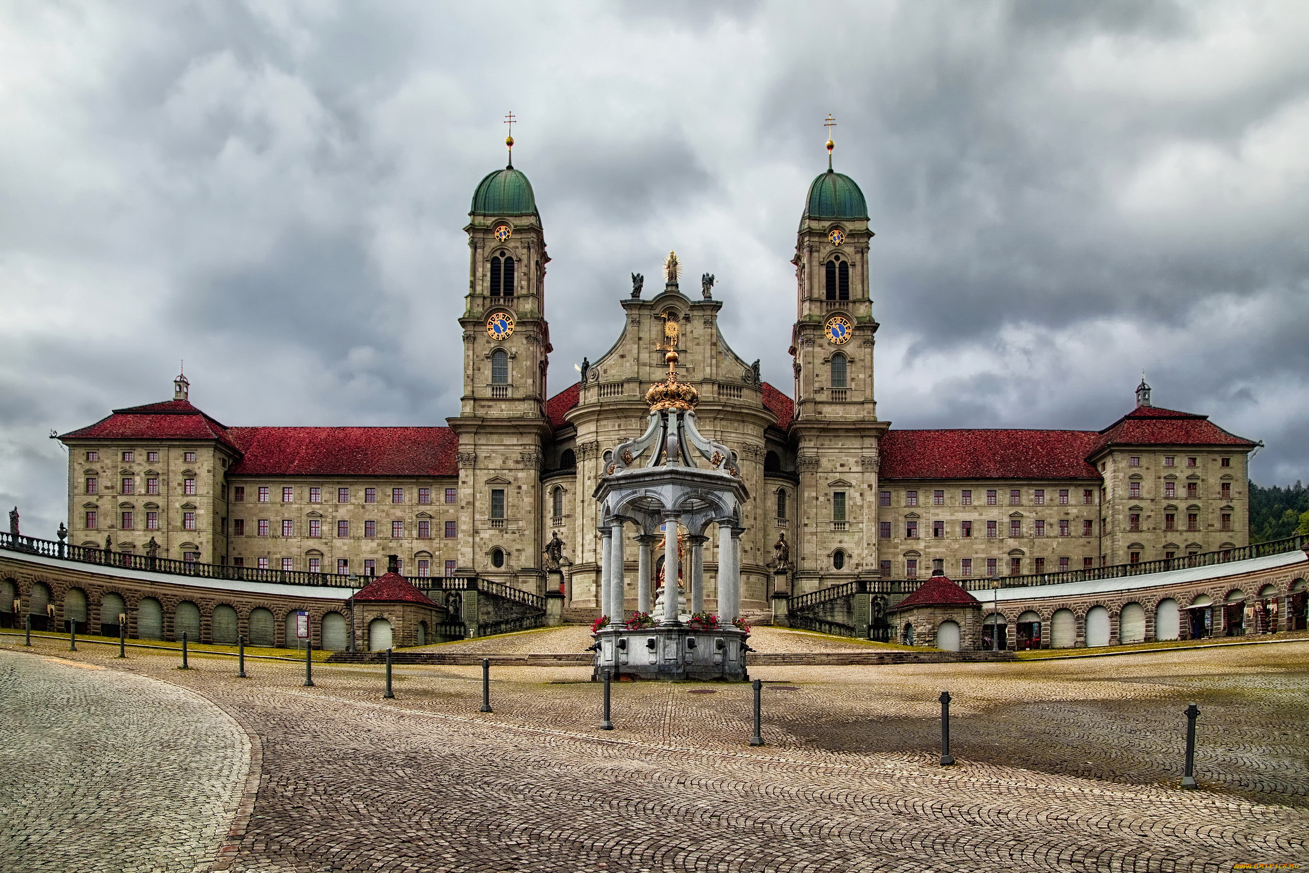 швейцария, айнзидельн, города, здания, дома, архитектура, замок, облака, башня, с, часами, скульптура, христианство, корона, арка